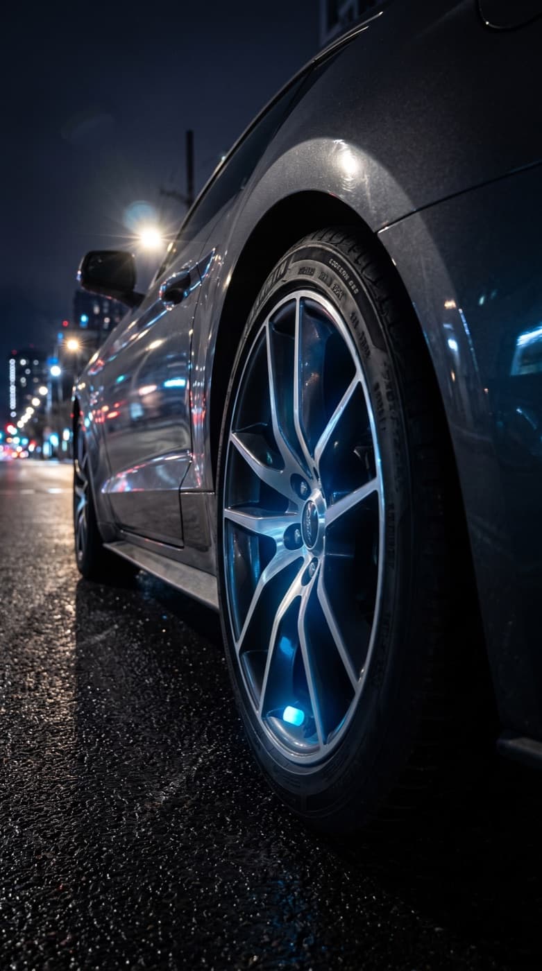 Blue VeloGlo valve cap glowing on a wheel on a rainy city street