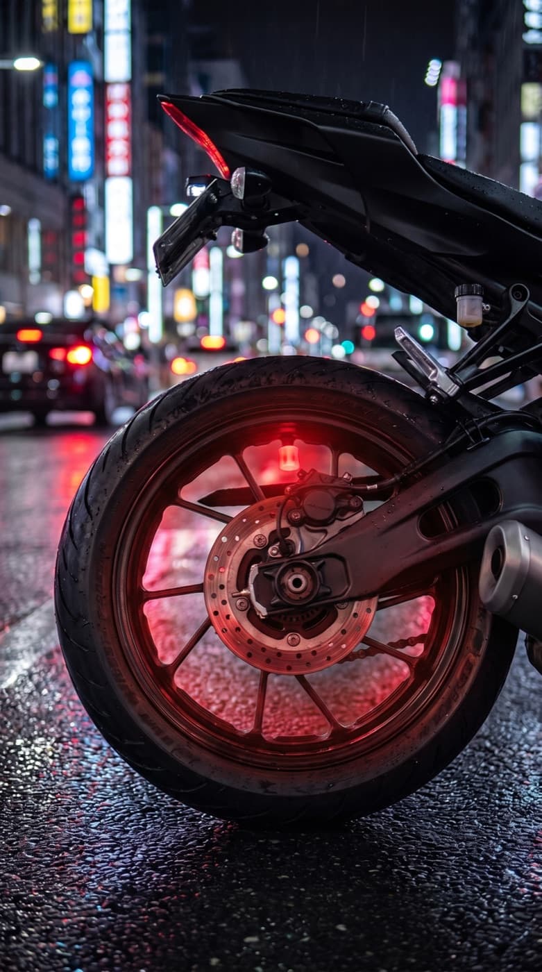 Red VeloGlo valve cap glowing on a motorcycle wheel in Shinjuku