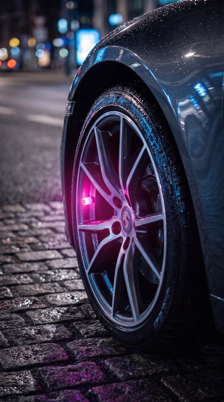 Pink VeloGlo valve cap glowing on a sports car wheel over wet cobblestone